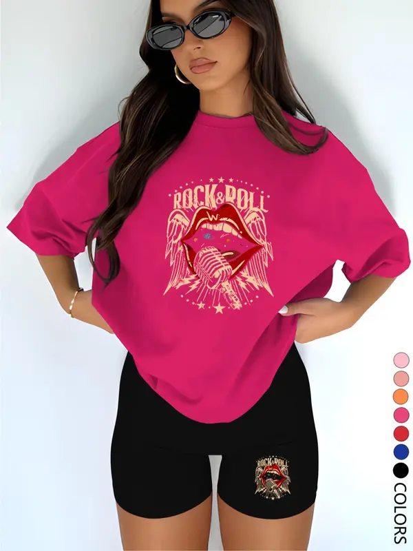 Two-piece Set Women's Letter Print Short Sleeve Tee & Skinny Shorts, Casual Round Neck T-shirt & Short Leggings, Ladies Clothes for Daily Wear, Suits, Womenswear, Matching Outfits, Outfit Sets Women 2