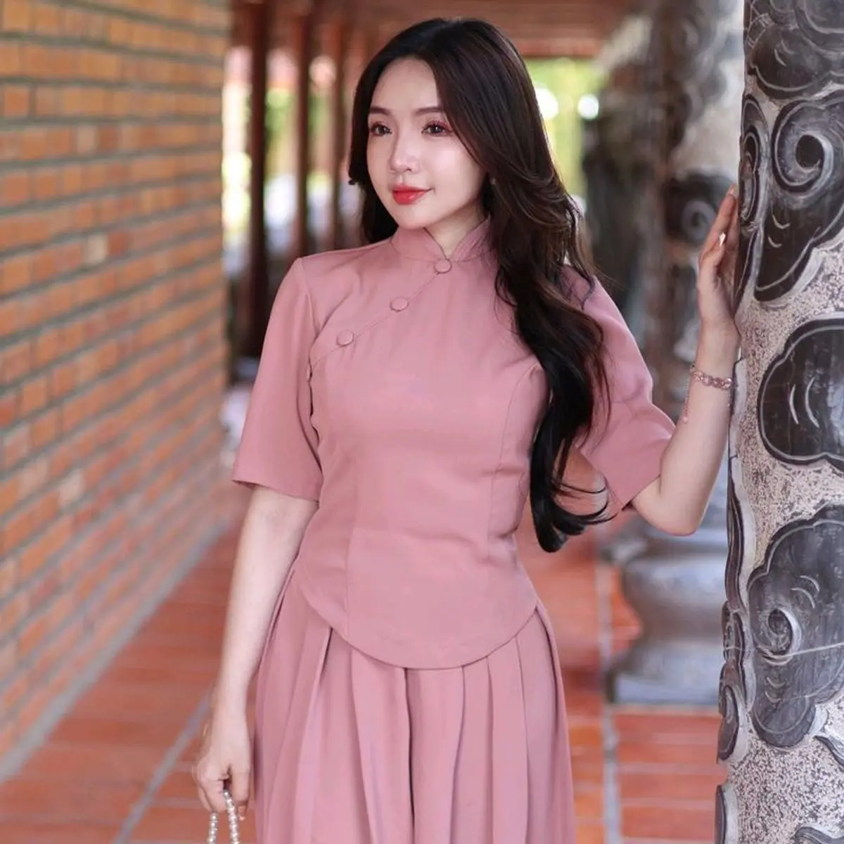 Bộ lam tay ngắn quần ống rộng nhiều li  Nữ Dress Áo Nhung