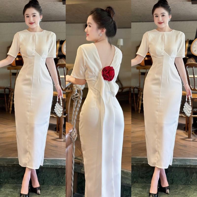 Váy Dự Tiệc Khoét Lưng Chữ V Cổ Tròn Tay Ngắn Dáng Body Dài Sang trọng Lót Đúp Có Mút ( KÈM HOA ĐỎ) Dành Cho Nữ  Dress Women -XS409