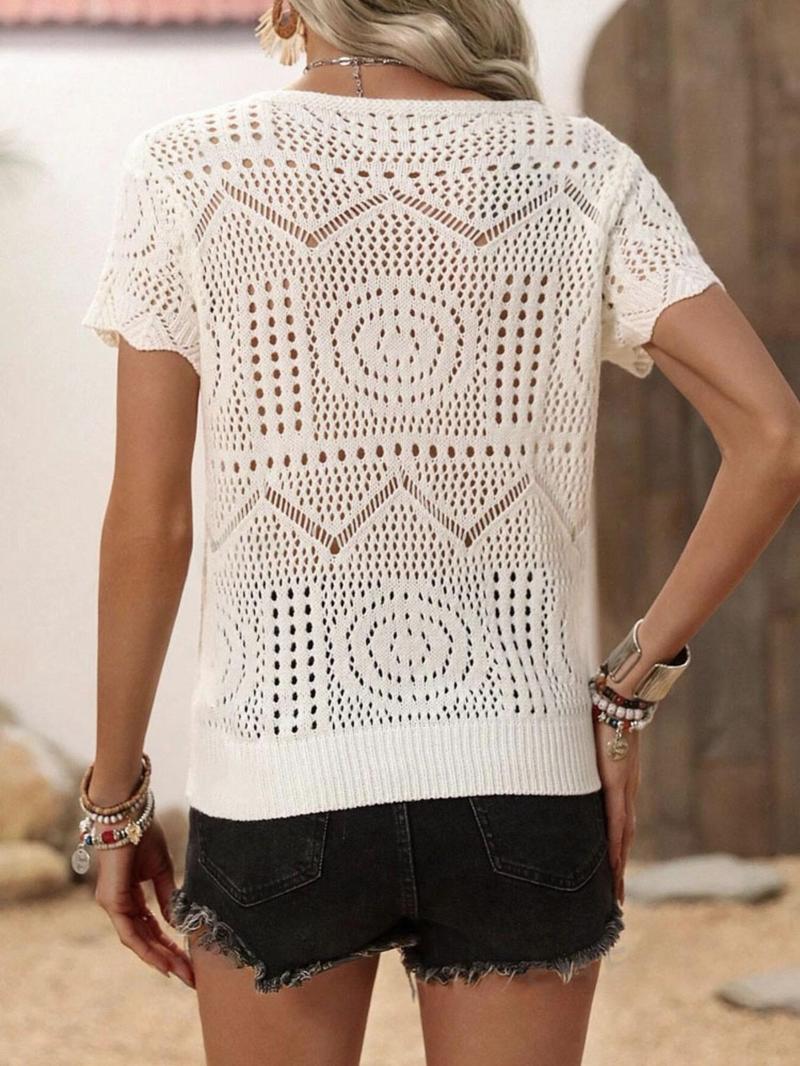 Product Introduction of Women's Plain Hollow Out  Sweater, Casual Short Sleeve Crew Neck Jumper for Spring & Fall, Fashion Women's Knitwear for Daily Wear 2