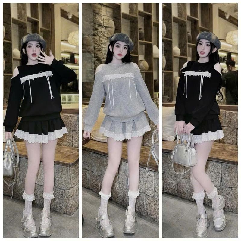  Sét váy nữ áo nỉ tay dài phối kiểu dễ thương mix chân váy xòe ngắn dành diện đi chơi siêu yêu. 