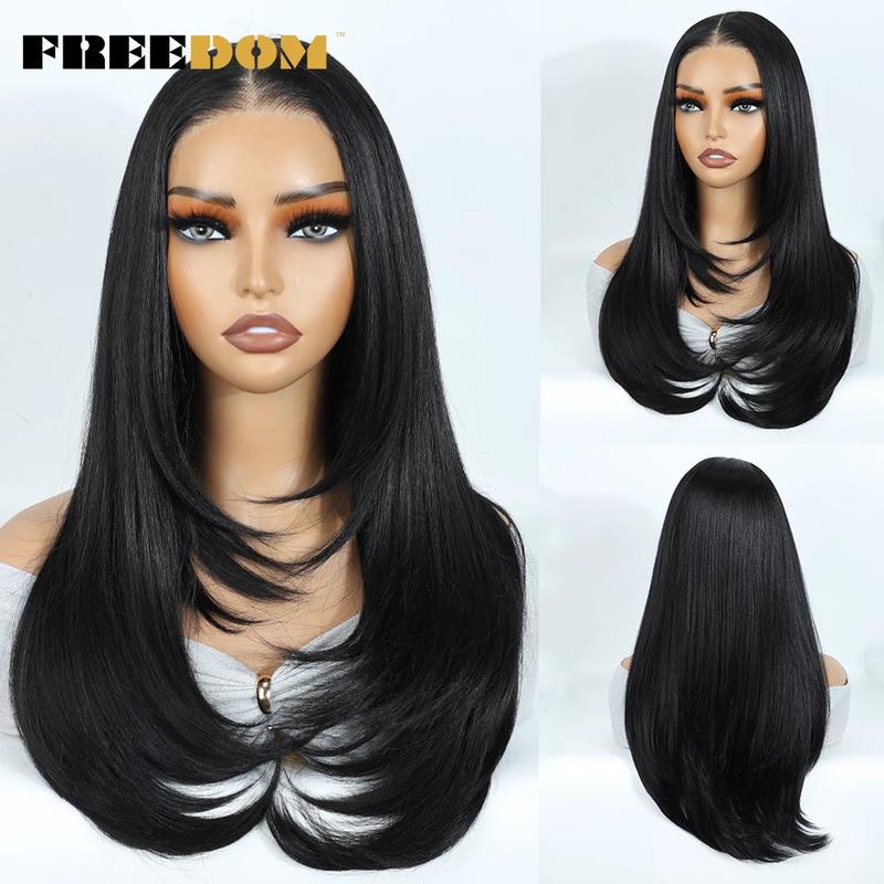 Product Introduction of Synthetic Lace Front Wigs For Black Woman Layered Straight Wear and Go Glueless Wigs Ombre Brown T Part & 6x4 Pre Plucked Wig 9