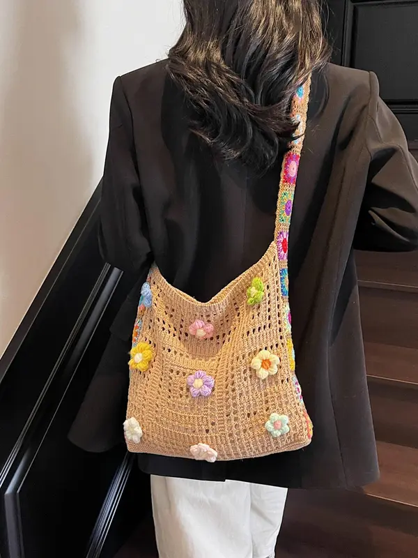 Women's Fashionable Ethnic Style Handbag, Large Capacity Shoulder Bag with Hollow-Out Knitted Design, Casual and Fashionable Crossbody Bag for Women 8