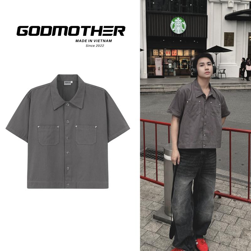 Áo Sơ Mi Cúc Bấm Form Boxy GODMOTHER Ngắn Tay Chất Kaki 2024