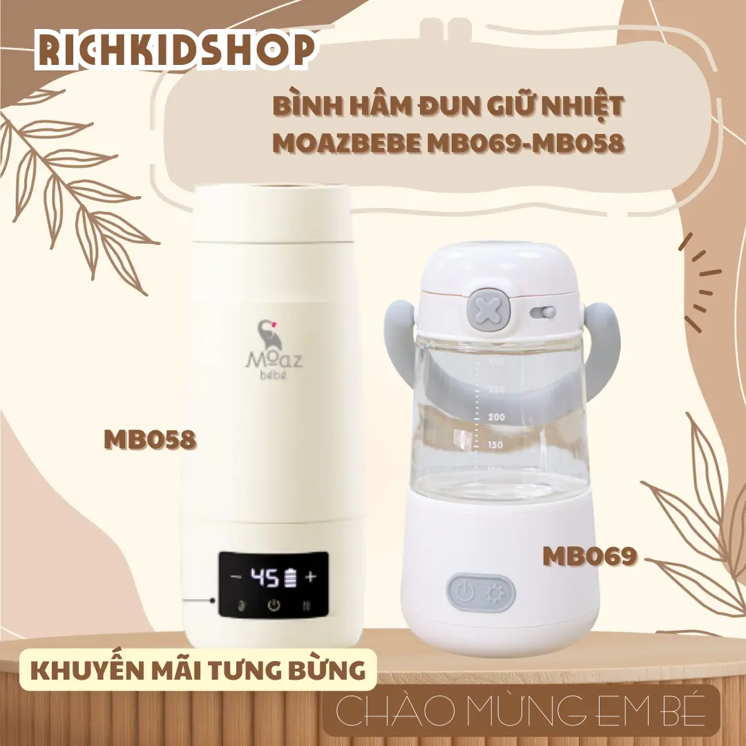 VCT - Các dòng hâm sữa cầm tay MB069 hâm 37-40-45-50 độ, không đun sôi hoặc hâm đun cầm tay MB058 hâm 40-80 độ, đun sôi 99 độ, đều dùng bằng pin, xạc pin rồi sử dụng thương hiệu Moazbebe