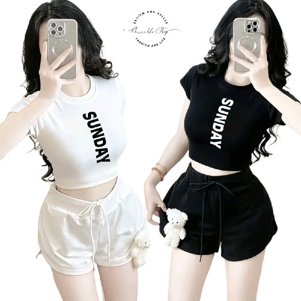 [Size S] Set Outfit Áo Croptop Borip Ôm Body Form Basic In Chữ Dọc SUNDAY Phối Kèm Quần Đùi Da Cá Đính Gấu Bông, Nữ Kem Women Pants Thun Cổ Tròn