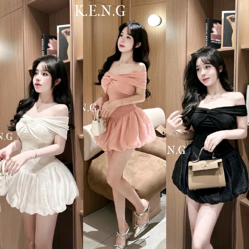Đầm trễ vai xoắn ngực bí phồng kèm quần trắng, đen đầm bánh bèo nhẹ nhàng đi chơi, đi tiệc Women Dress Voan Kem Tre đầm đi dự đám tiệc Top đầm đẹp Voi váyngắn