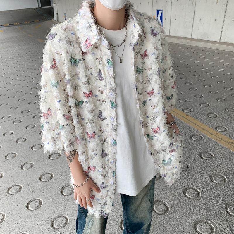 Product Introduction of Summer Design Butterfly Three-Dimensional Tassel Shirt Short Sleeve Men's Niche Vintage Shirt Coat Fashion Brand Couple's Tops 8