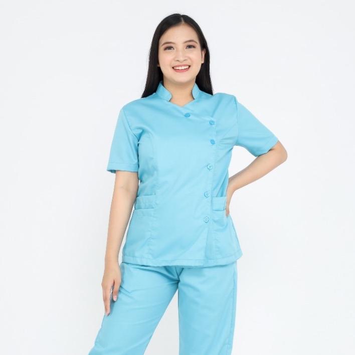 Mediscrub Setelan Baju Celana Medis Kerah Shanghai Lengan Pendek Wanita 6