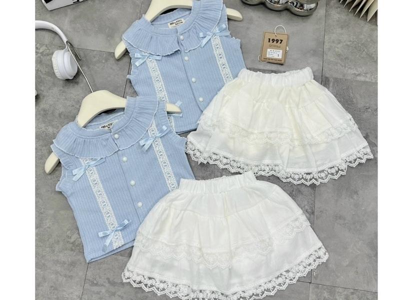 [5-18kg] a445-Set bộ bé gái áo XANH  nhúng mềm  thấm hút mồ hôi  kèm chân váy đũi ren 2 tầng cho bé gái mặc đi học, di chơi  [XMGY] 3