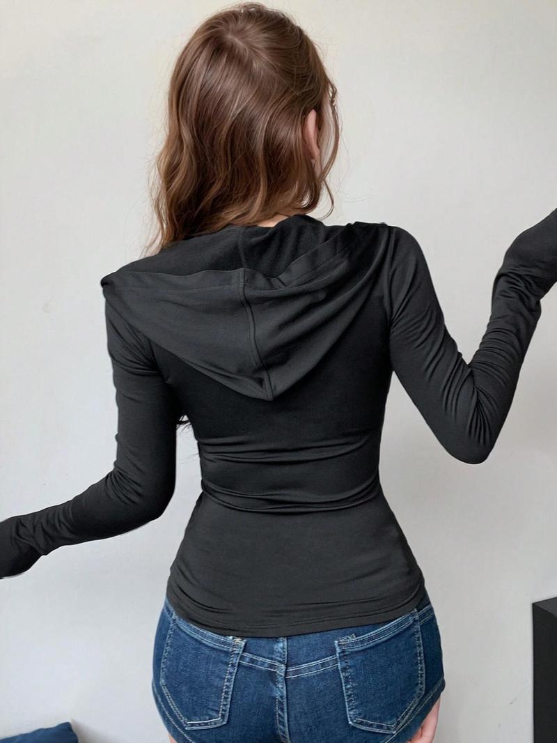 Product Introduction of Women's Solid Zip Up Hooded Tee, Casual Long Sleeve T-shirt for Spring & Fall, Women's Clothing for Daily Wear 7