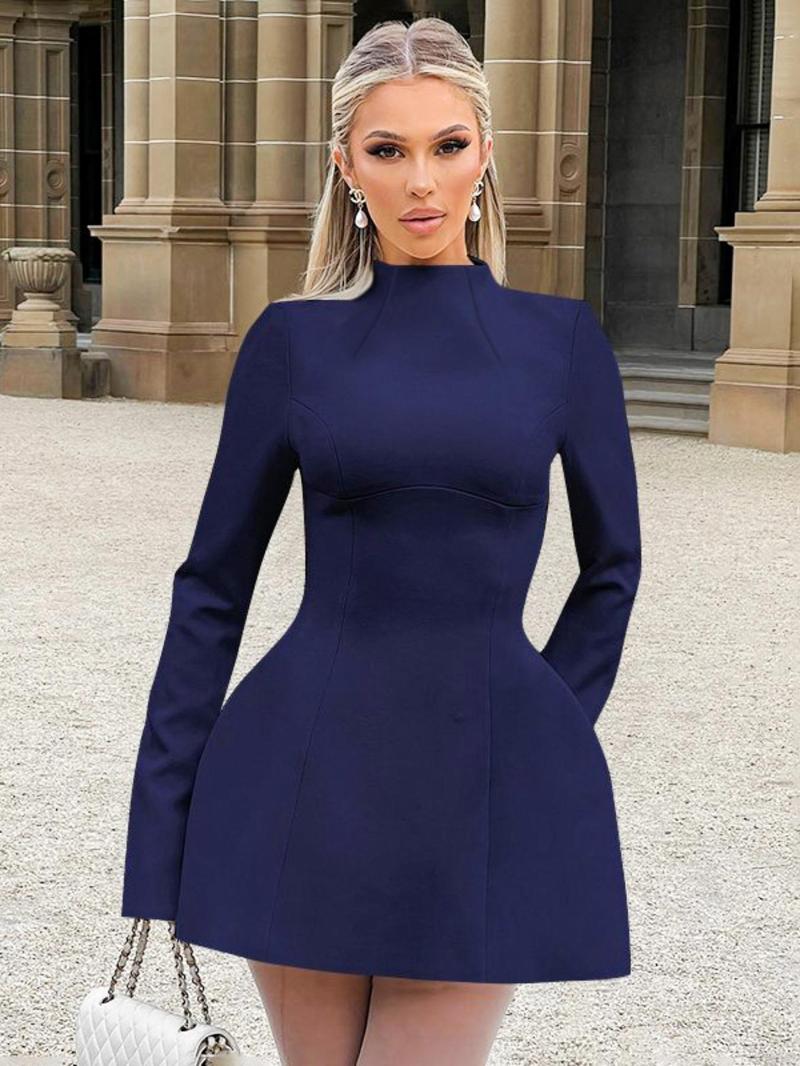 Product Introduction of Women's Plain Backless Button Decor A Line Dress, Elegant Long Sleeve Stand Collar Zipper Back Short Dress for Party Holiday Wedding Guest, Ladies Spring & Fall Clothes, Dresses for Women, Classy Modest Dresses 7