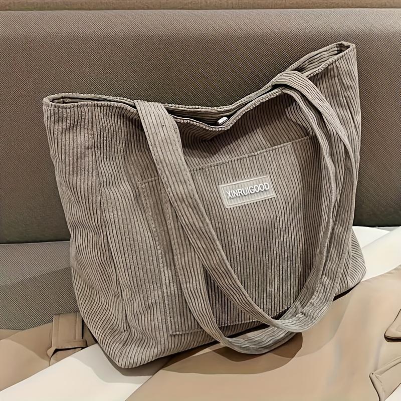 Product Introduction of Streamlined Charms 1pc Women's Corduroy Shoulder Tote Bag - Solid Color, Spacious & Artsy Casual Design. Buckle Closure, Polyester Lined, Perfect For Travel & A Thoughtful Gift 1