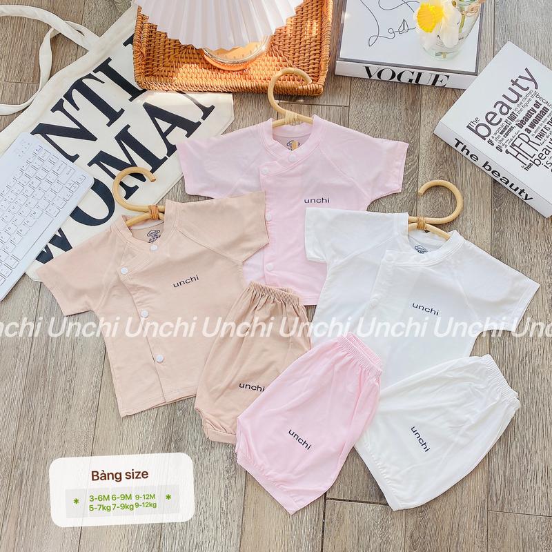 Bộ quần áo cộc tay cài chéo peptit UNCHI 1 MÀU mềm mịn co giãn cho bé sơ sinh 0-9m