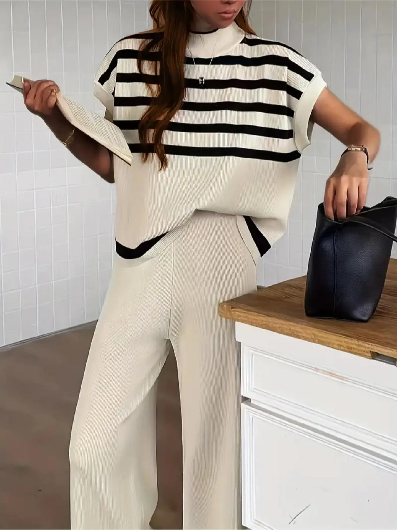 Women's Striped Print Batwing Sleeve Knit Top & Wide Leg Pants Sweater Co-ord Set, Elegant Mock Neck Top & High Waist Trousers, Two Piece Set Women, Casual Matching Women's Summer Outfits, Womenswear