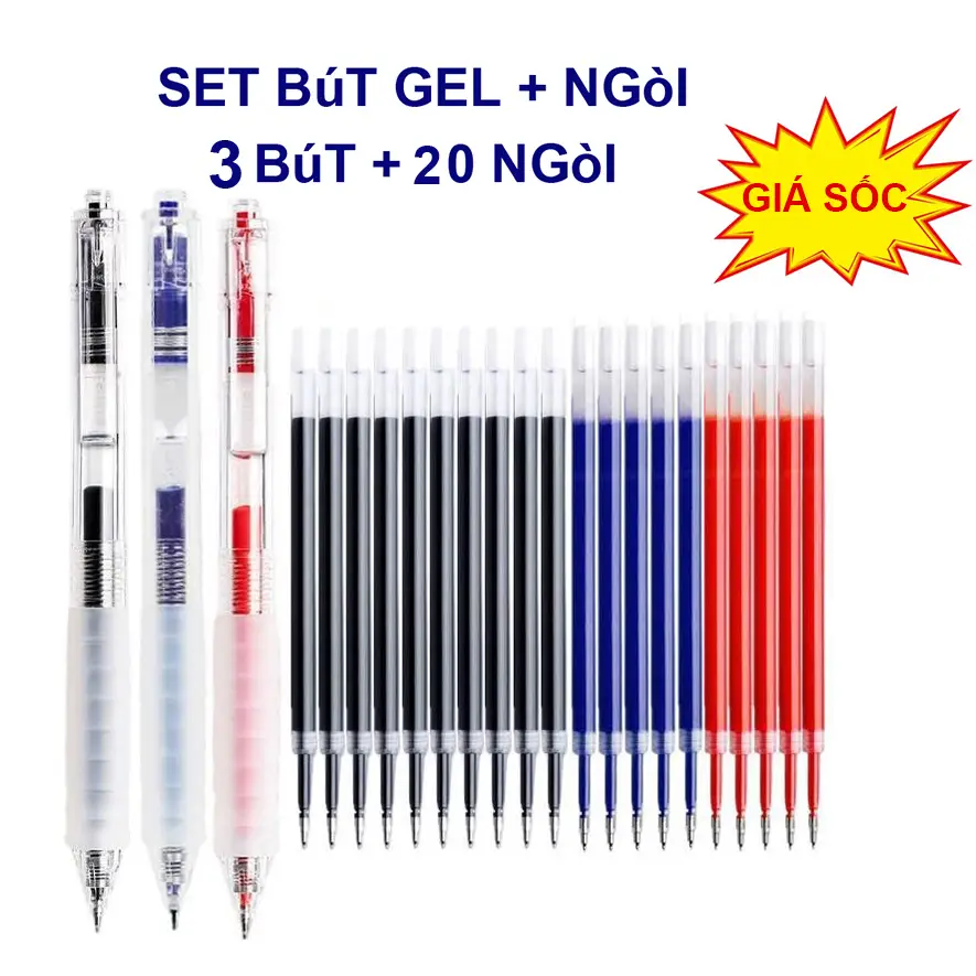 Bộ Combo 3 Bút Gel + 20 Ruột Thay - Ngòi 0.5mm 3 Màu Đen/Xanh/Đỏ | Tay Cầm Ép Mềm Giảm Mỏi - Thân Trong Suốt Xem Mực, Hoàn Hảo Cho Học Sinh bút  chì  lò  xo  campot Bút gel ngòi Ruột bút gel tay  mồi  viết