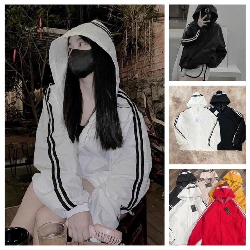 Áo gió nữ 2 lớp dày dặn chống nước, chống gió phom thụng Kẻ sọc Kẻ sọc Top Jacket aokhoac non có thể giặt máy đỏ cam a ogio