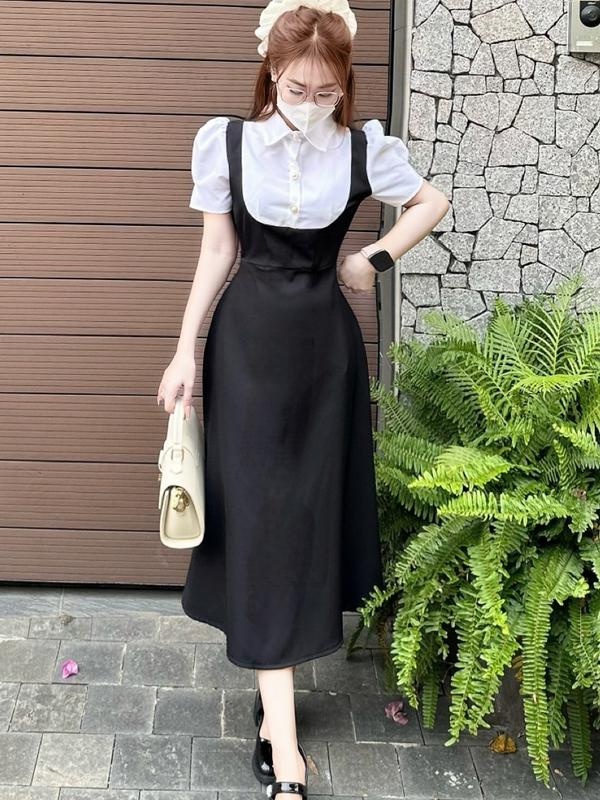 [FREESHIP] A25- Đầm váy Công Sở MIJU váy yếm liền đính cúc ngọc chất liệu cotton lạnh dày dặn, mềm mịn dáng xoè chữ A phù hợp đi làm đi tiệc đi chơi giáo viên Mijustore Women Dress Nữ Màu Nâu 4