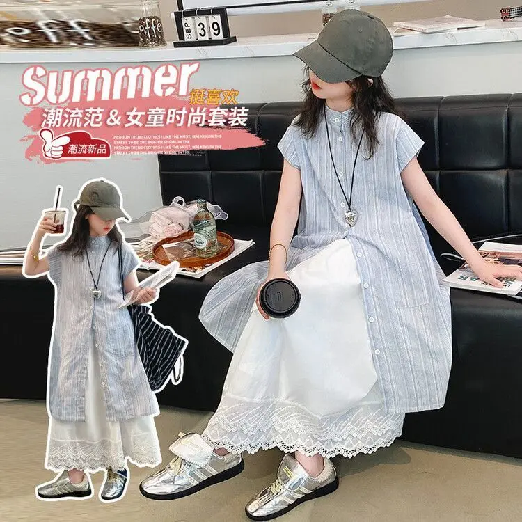 Váy Hai Mảnh Cho Bé Gái, Bộ Váy Mùa Hè, Váy Sơ Mi, Váy Dài, Váy Băng Quấn Hàng Mới Về, Thời Trang Trẻ Em Trung Bình Và Lớn, Phong Cách Thường Ngày Thời Trang Hàn Quốc