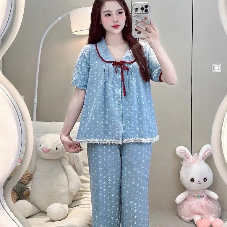 A18 BỘ PIZAMA TIỂU THƯ CỔ SEN BUỘC NƠ,BỘ MẶC NHÀ