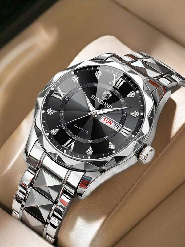 Đồng Hồ Nam BINBOND Chính Hãng Dây Thép Đúc Không Gỉ Khóa Đôi Mặt Đính Đá Tuyệt Đẹp Không Thấm Nước Có Lịch Ngày thứ kiểu Dáng Sang Trọng Tặng Kèm Cây Tháo Chốt + Pin 3V + Hộp Đựng