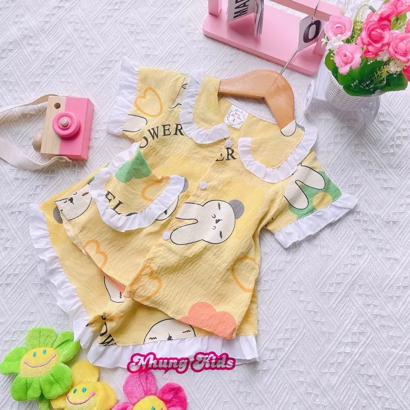 (8-17kg) Bộ pijama cổ tiểu thư Quần ngắn chất vải cotton Hàn mềm mát cho bé gái dưới bốn tuổi 3