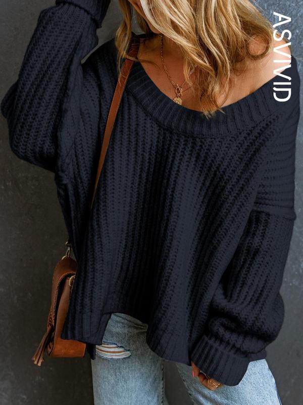 Women's Plain Textured Split Hem Scoop Neck Sweater without Necklace, Casual Drop Shoulder Long Sleeve Jumper for Fall & Winter,  Knitwear for Daily Wear 5