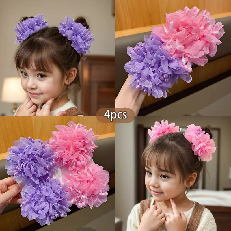 Cute Mesh Flower Hair Net Beads Children Bun Net Ponytail Clip - TikTok ...
