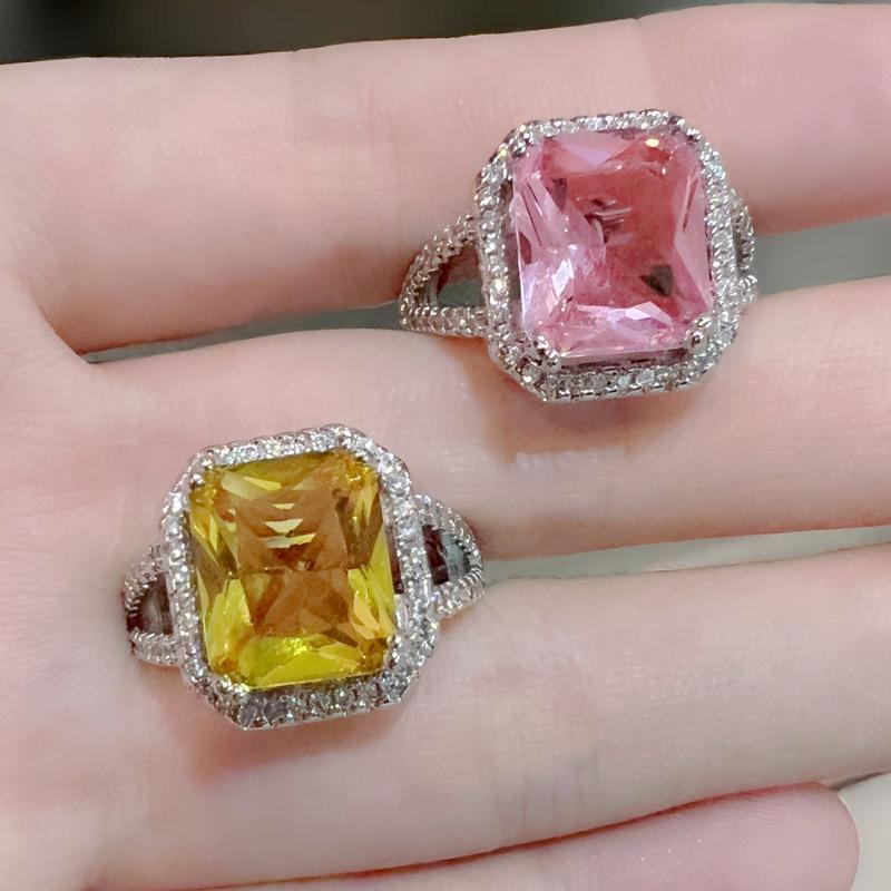 Product Introduction of Tik Tok Live Stream Rectangular Diamond Colored Gems Eardrops Stud Earrings Ring Hot Sale Square Pink Yellow Diamond Crystal Jewelry Suit sakuya  keychain gantungan  kunci bus  stop ganesha  keychain sonny  angel 4