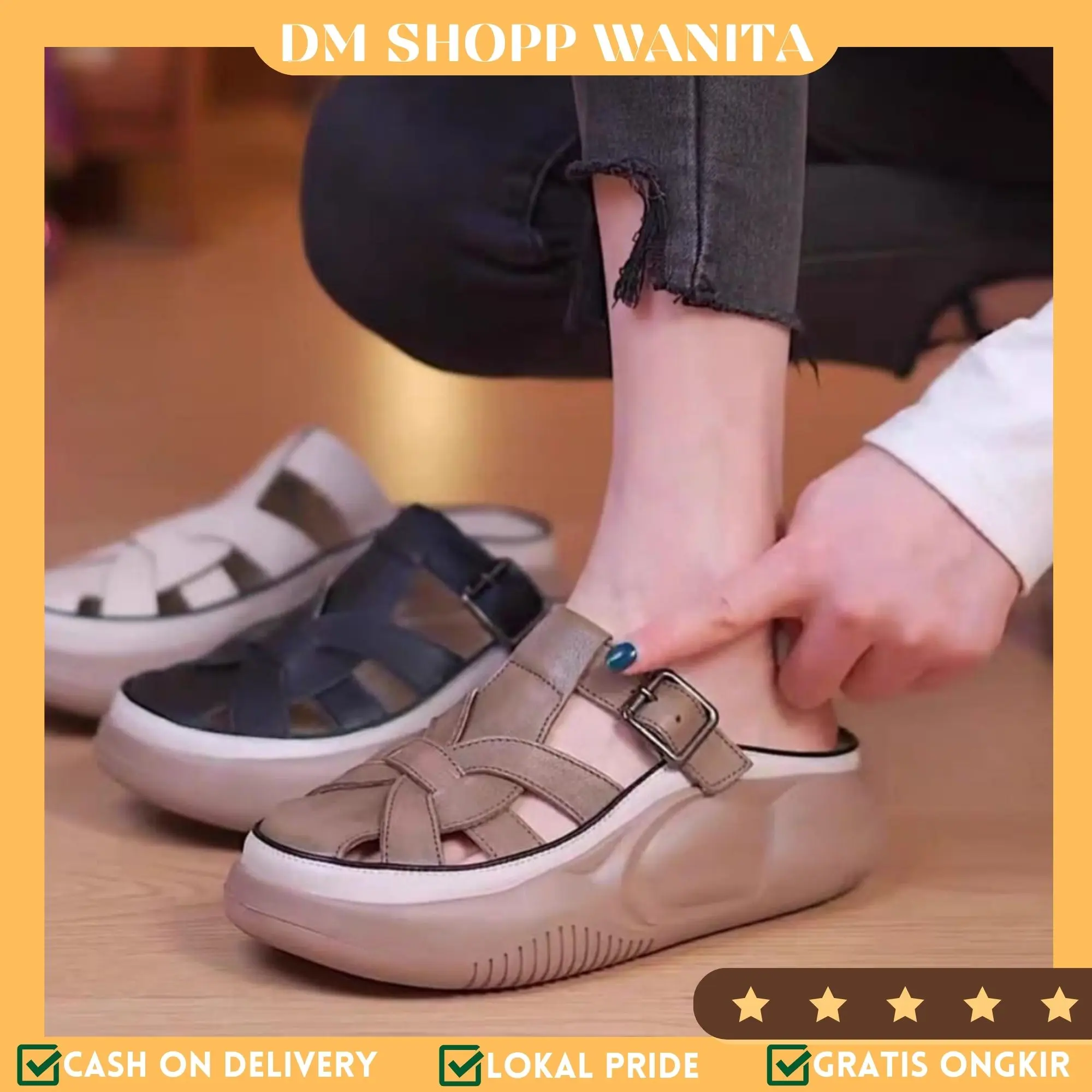 DM SHOES - WEDGES SEPATU SANDAL SLIP ON MOTIF LASER SIMPUL TUMPUK HAK SINTETIS 3 CM AS 191