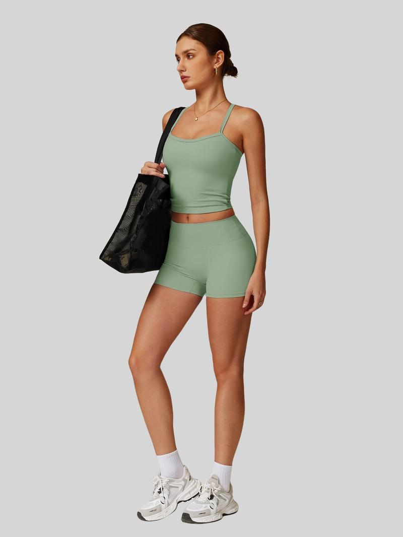 Product Introduction of Two-piece Set Women's Solid Backless Cami Top & High Waist Shorts Tracksuit Set, Sleeveless Spaghetti Strap Crop Top & Skinny Shorts, Ladies Sportswear for Indoor Outdoor Wear, Gym Wear 37