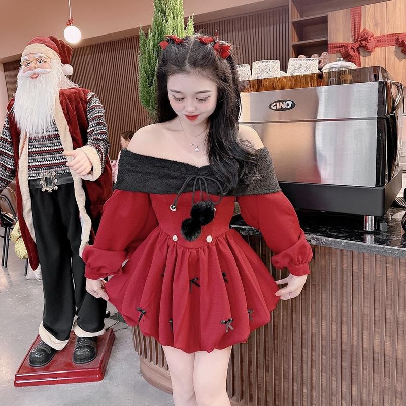 Váy Dạ Trễ Vai Lông Quả Bông B9 ảnh thật