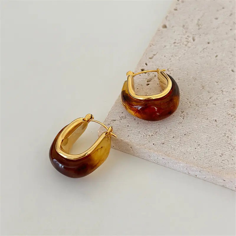 [Fanyee] Anting-anting akrilik tidak beraturan kuning metalik vintage Q508 3