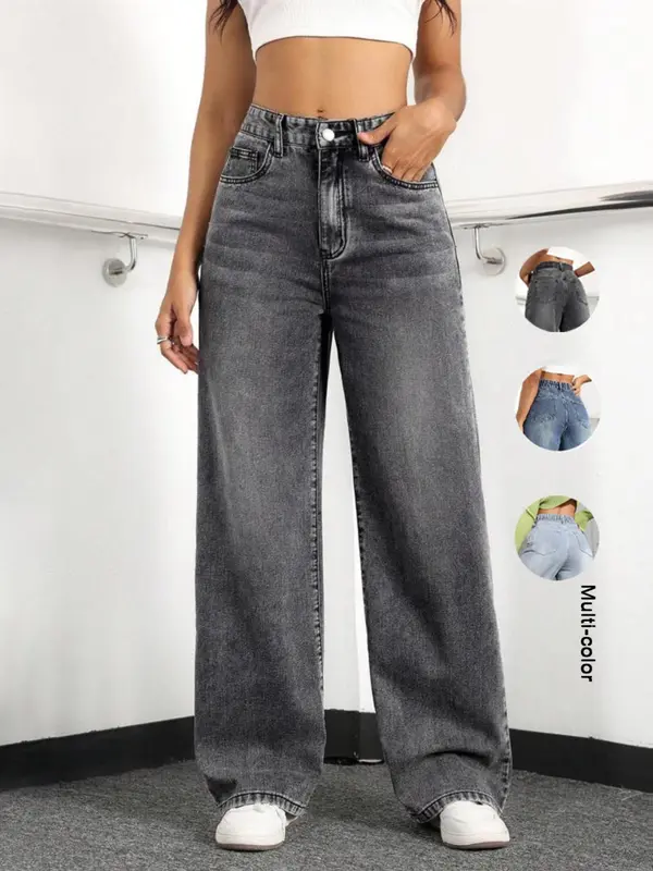 Women's Plain Wide Leg Denim Jeans, Casual Comfy Pocket Button Fly Trousers for Daily Wear, Ladies Bottoms for All Seasons, Pants, High Rise Jeans 3