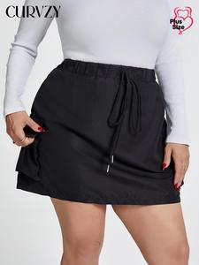 CURVZY Plus Size Solid Drawstring Waist Skirt, Casual Pocket Skirt for Summer, Women's Bottoms for Daily Wear