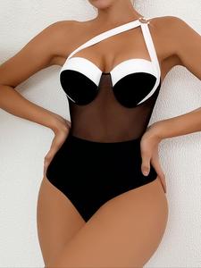Traje de baño de malla de color contrastado con un hombro para mujer, traje de baño informal de una pieza asimétrico para verano, traje de baño para mujer para vacaciones en la playa