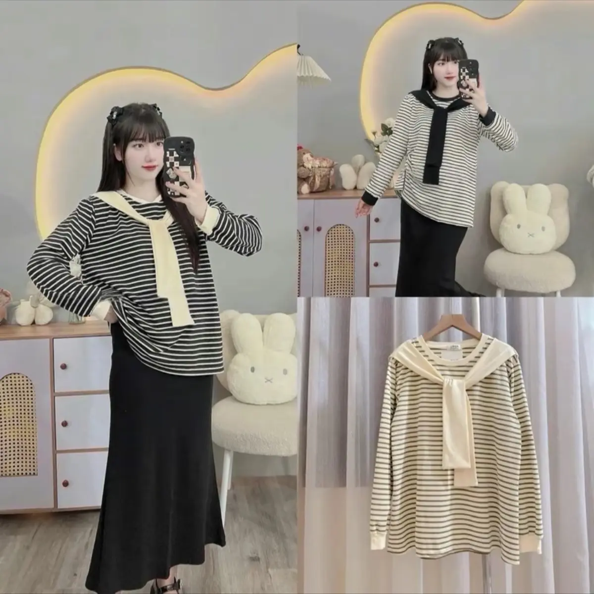 Áo kèm khăn bầu thu đông chất liệu co giãn 4 chiều màu kẻ trơn basic dễ phối A1258