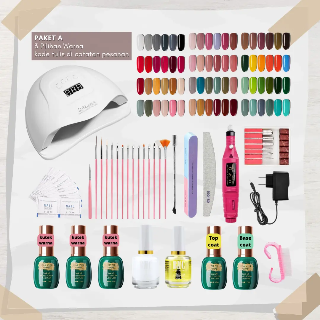 Paket Nail Art Lengkap Set Berkualitas Pengering Kutek Gel UV LED BNC Vitamin Kuku Kuas Nail Art