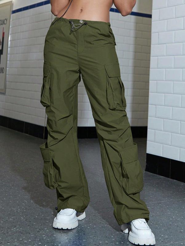 Women's Plain Drawstring Ruched Cargo Pants, Casual Pocket Design Trousers for Fall & Winter 2