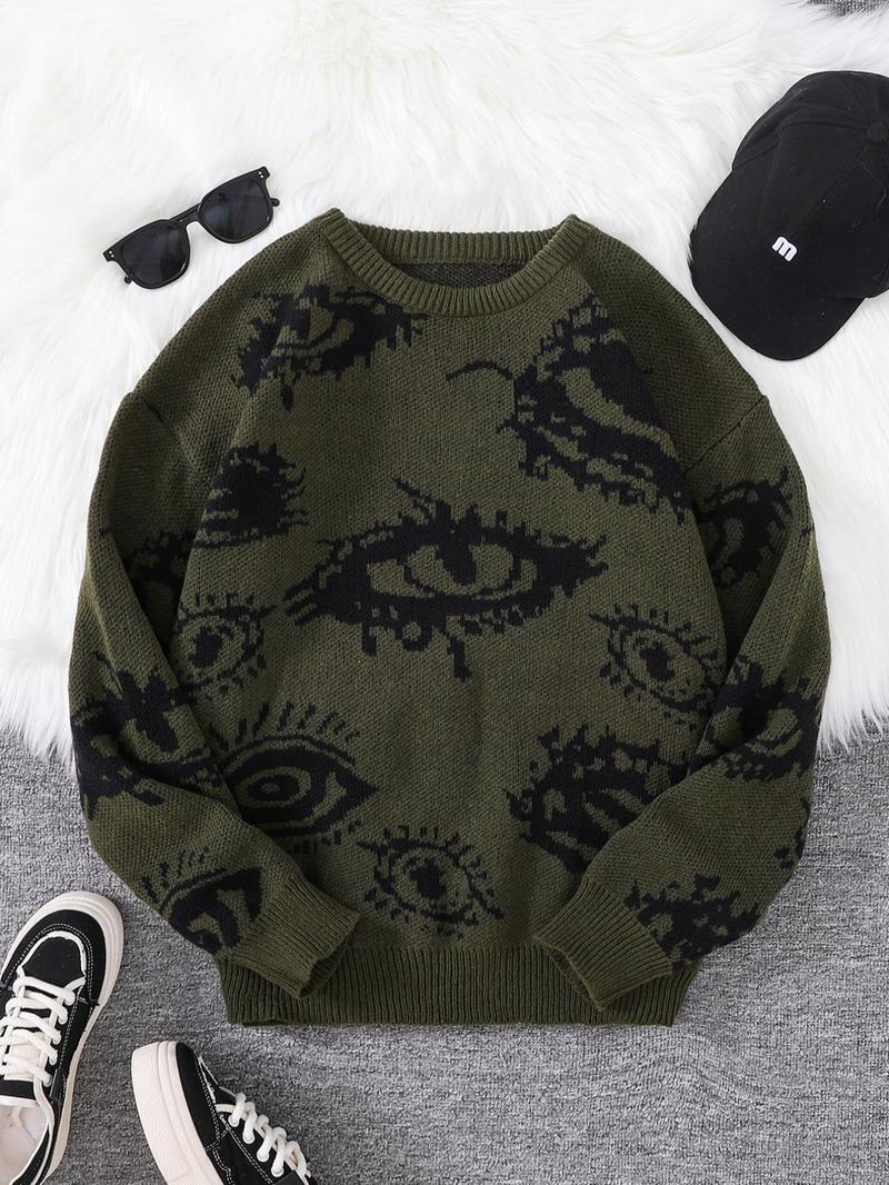 Product Introduction of Men's All Over Eye Print Drop Shoulder Sweater, Regular Fit Casual Long Sleeve Round Neck Jumper for Fall & Winter, Fashion Men's Knitwear for Daily Wear 8