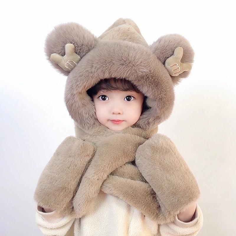 Mũ lông trùm đầu cho bé gái tai gấu 3in1 kèm khăn quàng cổ có sỏ tay giữ ấm mùa đông thời trang hàn quốc mẫu mới