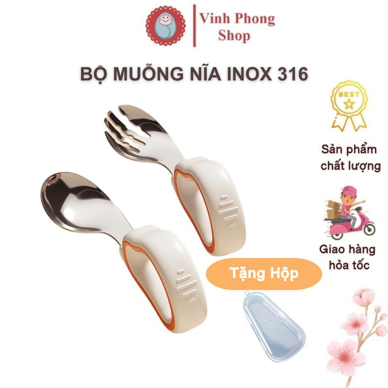 Bộ Muỗng Nĩa Cho Bé Ăn Dặm, Chất Liệu Inox 316L Cao Cấp, Tay Cầm Silicon Giúp Bé Cầm Nắm Dễ Dàng