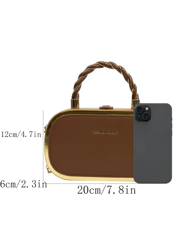 Women's Fashion Buckle Twist Decor Top Handle Chain Strap Crossbody Bag, Simple Letter Detail Metallic Trim Design All-match Box Bag, PU Leather Satchel, Unique Bags, Everyday Bags, Purse Women, Unique Gifts for Women 6