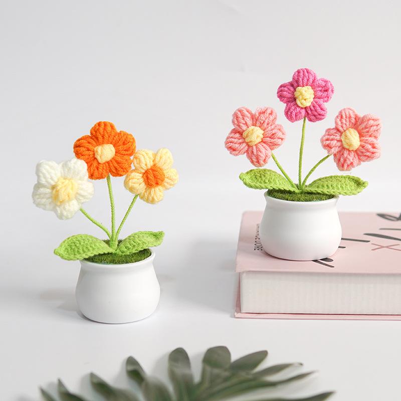 Product Introduction of Finished handmade woven lily of the valley potted home decoration, knitted simulated flower yarn, crochet bouquet, fake flower gift 15