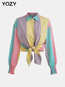 YOZY Women's Striped Print Button Front Shirt, Casual Drop Shoulder Long Sleeve Blouse Top for Spring & Fall, Women's Clothes for Daily Wear