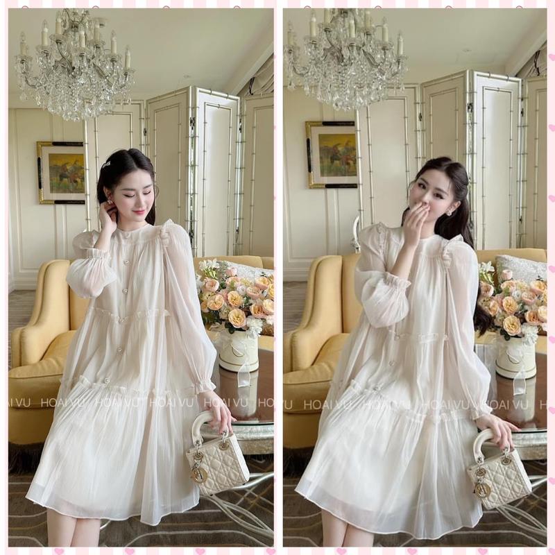 Váy suông đầm bầu DÀI TAY xinh xắn thiêt kế TƠ ÓNG HAI LỚP tiểu thư sang chảnh V86