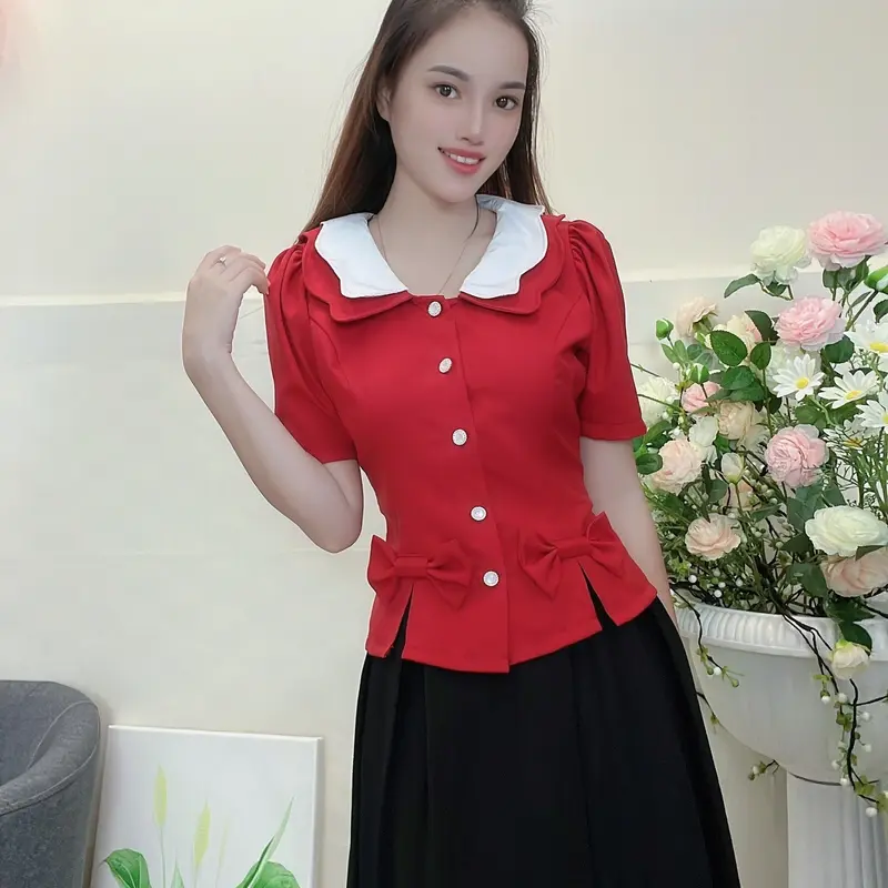 PLUM1 - Áo kiểu đẹp màu đỏ from dáng tiểu thư - 1