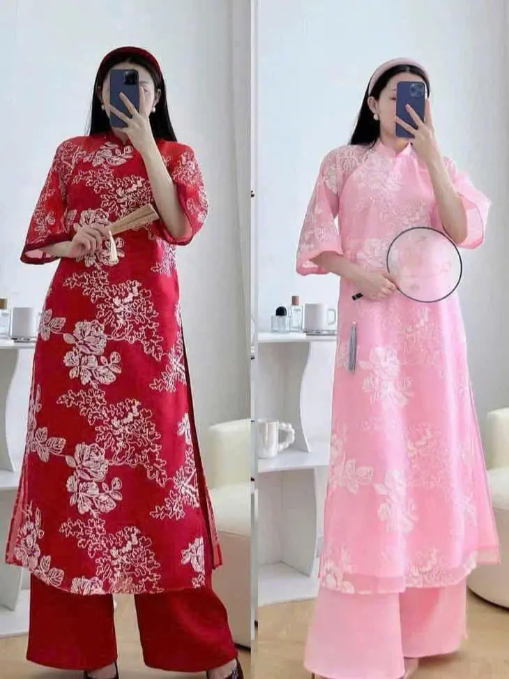 Áo dài tơ thêu thanh vũ thêu hoa nổi chất tơ mềm mại
