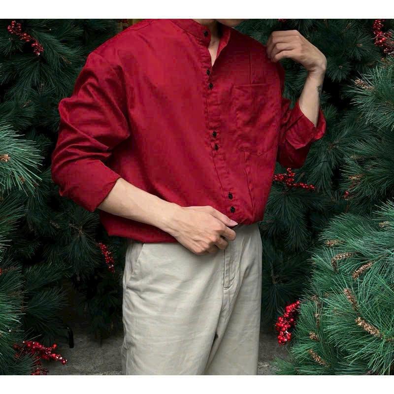 CÓ BIGSIZE ĐẾN 95KG Áo sơ mi nam tay dài cổ trụ màu đỏ ly chéo khuy đôi Nam Nữ JAMINE HOUSE phong cách unisex thời trang Tết Giáng sinh Noel hot trend form rộng unisex Menswear Shirt Trắng Có Cổ - Tết - Xmas