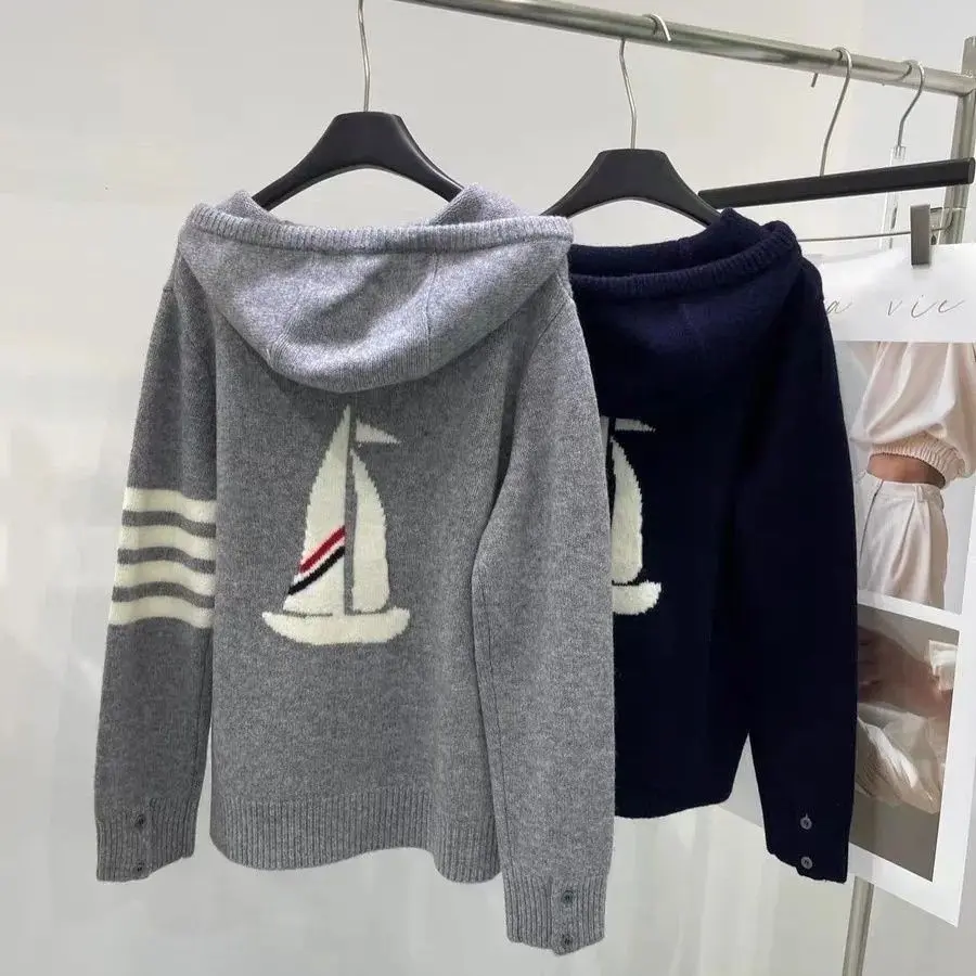 Áo Cardigan Có Khóa Kéo Có Mũ Trùm Đầu, Phong Cách TB, Họa Tiết Thuyền Buồm Sau, Bốn Thanh, Áo Khoác Thường Ngày Áo Len Dệt Kim, Dành Cho Nam Và Nữ